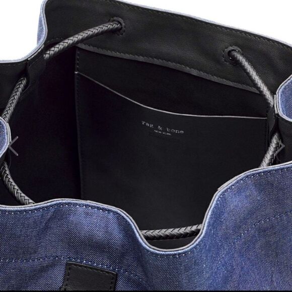 Rag & Bone Walker Cinched Drawstring Leather & Denim Backpack Bag - Picture 5 of 6